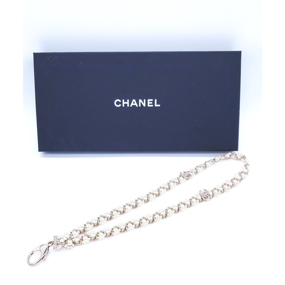 CHANEL Pearl Crystal CC Lanyard Necklace Gold